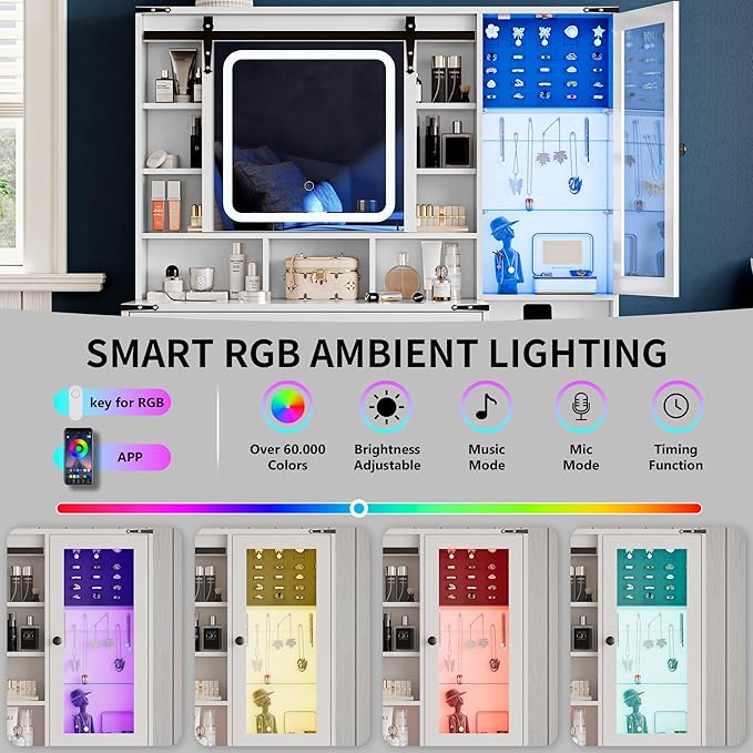 Makeup Vanity Desk with Sliding Mirror and Lights, Farmhouse Vanity Table Set with Power Outlet & RGB Cabinet, Dressing Table with Storage Drawers & Shelves for Kids Girls Women Bedroom, White