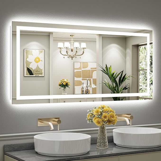 60"x28" LED Bathroom Mirror with Lights, Backlit & Front Lit, Lighted Wall Mirrors for Bathroom Vanity, Touch Screen Dimmable, Anti-Fog, Memory Function, HD Tempered Glass, Shatter-Proof, ETL Listed