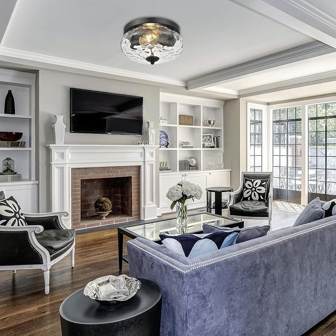 Darkaway Ceiling Light Fixtures Flush Mount Indoor Outdoor Ceiling Light with Water Ripple Glass Shade for Hallway Kitchen Bedroom Porch Living Room Black Finish