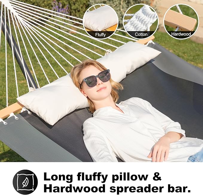Waterproof Double Hammock with Stand for Outside Heavy Duty, 2 Person 55'' Large Quick Dry Textilene Hammocks with Hardwood Spreader Bar, Pillow, Pockets, 475lbs Capacity (Gray & Black)