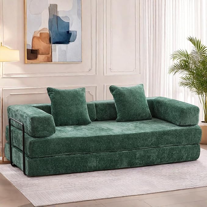 Convertible Sofa Bed, Compression Futon Sofa with Pillows & Armrest, Foldable Mattress Couch with Fixed-Shape Frame, Comfy Couch Lounge Sleeper Bed for Living Room Bedroom, Dark Green