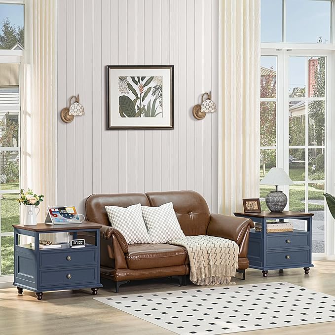 Farmhouse Nightstand Set of 2 with Charging Station, 24" Wide End Table with 2 Drawers,Wood Dresser for Bedroom,Bed Side Table Chest of Drawers Cabinet,Navy BlueNight Stand for Living Room