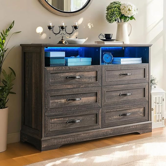 Dressers for Bedroom,6 Drawers Dresser with LED Light,Power Outlets and Open Shelves,Chests of Drawers for 65 inch TV, for Hallway, Entryway, Dark Rustic Oak