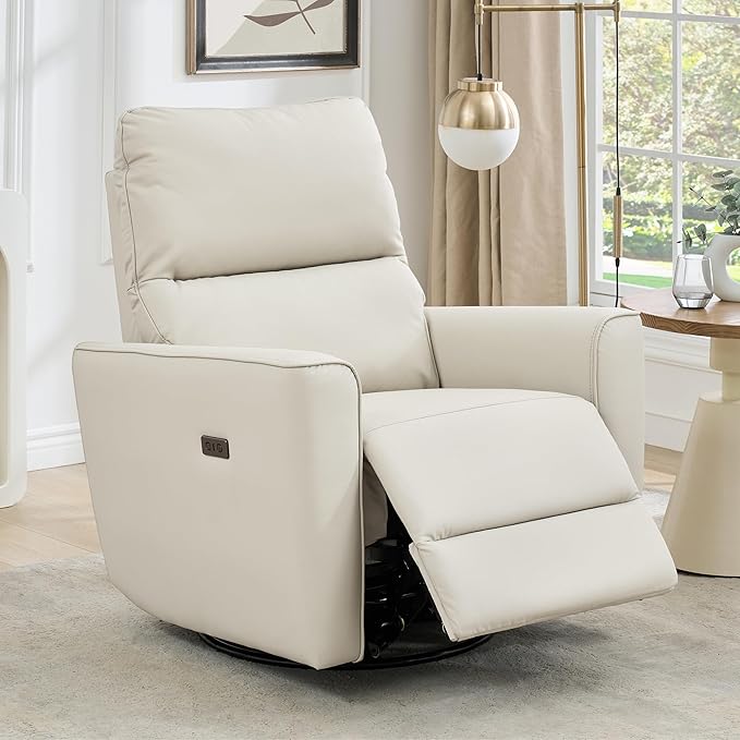 GarveeHome Power Recliner Chair Swivel Glider Upholstered Faux Leather Nursery Rocker Reclining Sofa Chair with Charging Port, Curved Armrests & Padded Backrest (Beige)