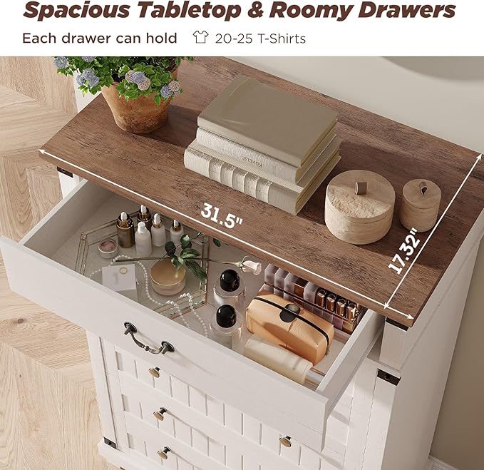 Maupvit Farmhouse 7 Drawer Dresser for Bedroom, 47" Tall Dresser Wood Chest of Drawers, Organizer Drawers for Bedroom, Living Room, Storage Room, Antique White