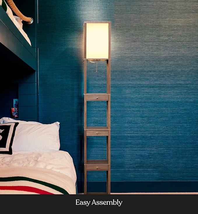 Brightech Maxwell Drawer Edition - Modern Shelf Floor Lamp with Drawer - Corner Display Floor Lamps with Shelves for Living Room, Bedroom and Office - Rustic Wood