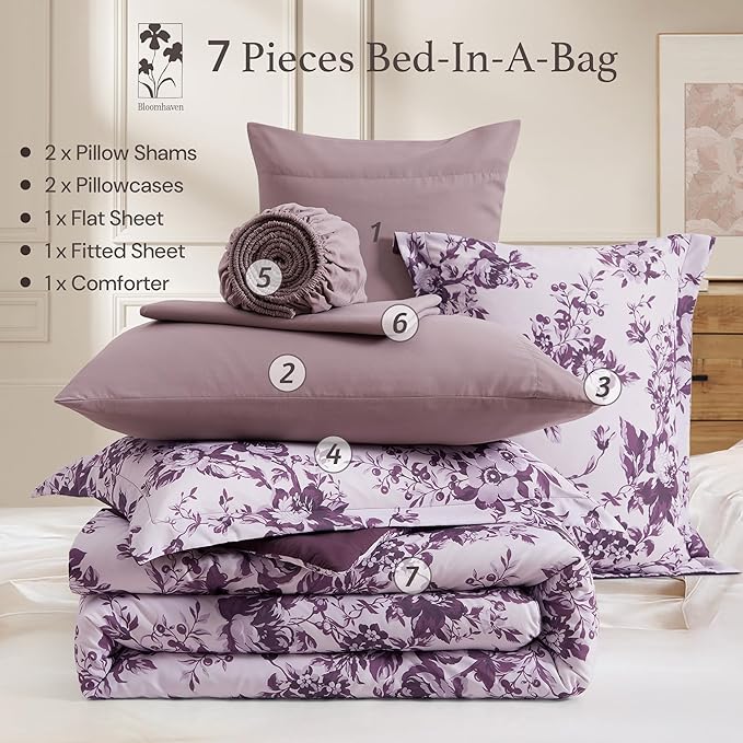 Queen Comforter Set -7 Pieces Deep Purple Floral Comforter Set for All Seasons, Bed in a Bag Queen with Botanical Flowers Comforter, Sheets, Pillowcases & Shams
