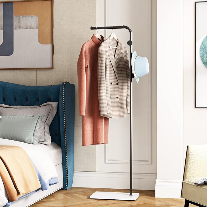 Black Coat Racks with White Base, Entryway Coats Racks Freestanding with 3 Hooks, L Shape Home Coat Hanger for Jackets, Coats, Hats, Clothes