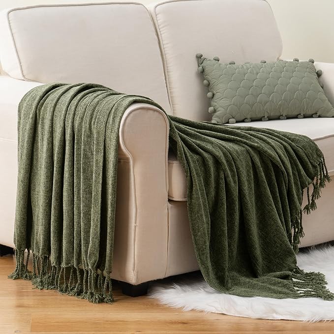BATTILO HOME Olive Green Throw Blanket for Couch Bed Sofa, Soft Cozy Chenille Throw Blanket with Fringe Tassels, Lightweight Knit Throw Blanket for Home Decor, 50"x60"
