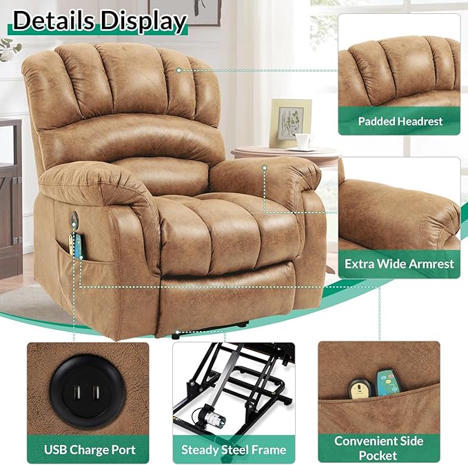 VIVIJASON Tall Man Large Power Lift Recliner Chair with Extended Footrest for Elderly, Overstuffed Wide Electric Lift Chair with Heat & Massage, 2 Remote Controls, Side Pockets & USB Ports, Sand