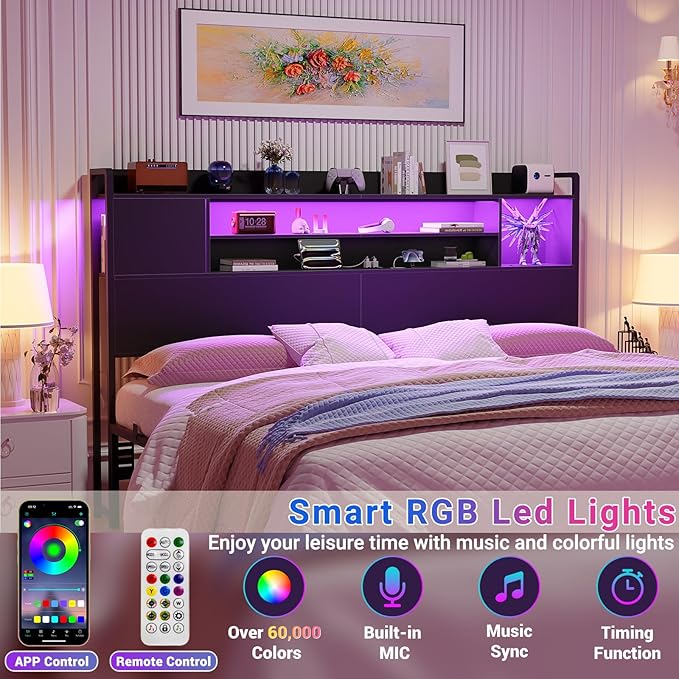 Unikito Headboard for King Size Bed, Bookcase Style Head Board with Power Outlet and RGB LED Light, Reversible Headboard with Storage, Height Adjustable, Sturdy and Stable, King Size, Black