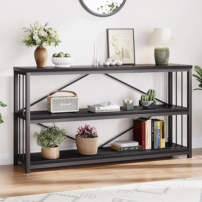 LVB Black Console Table, Modern Entryway Table for Hallway Living Room, Industrial Sofa Table Behind Couch, Farmhouse Wooden Metal Entry Table for Foyer with 3-Tier Storage Shelves, Black Oak, 55 Inch