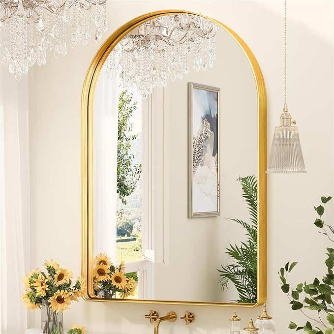 Suidia 22" x 30" Bathroom Mirror, Bathroom Vanity Mirror Metal Framed, Wall-Mounted Mirrors for Bedroom, Living Room, Entryway, Hallway, Gold, Arch Style
