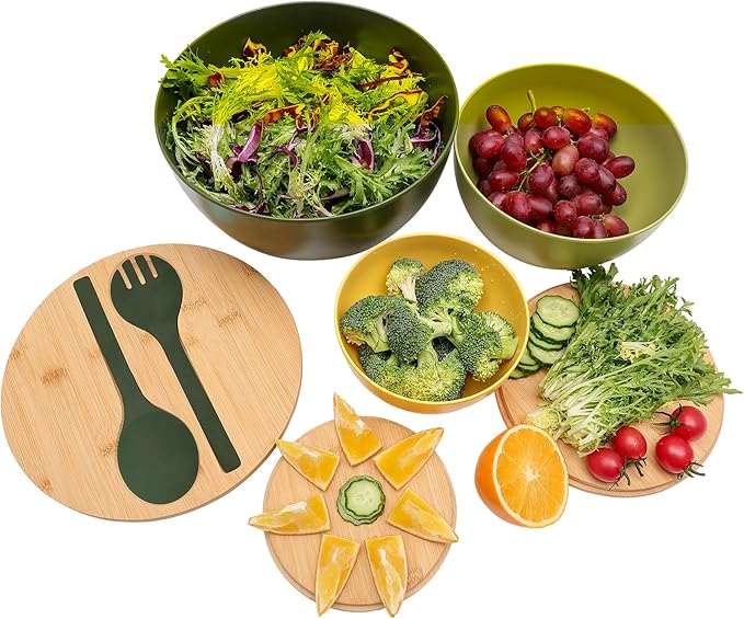 Salad Bowls Set of 3 with Lid & Serving Utensils, Colorful Serving Bowls, Bamboo Fiber Salad Bowls with Bamboo Lid, Kitchen Bowls for Salad, Kitchen Eating, Pasta, Popcorn, Fruit (3 Colors)