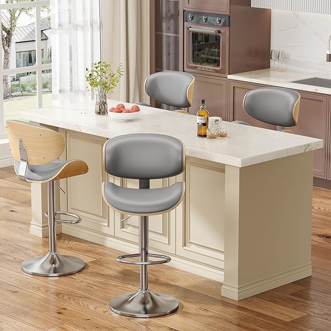 Bar Stools Set of 4, Bentwood Adjustable Height Swivel Bar Stools, PU Leather Upholstered Bar Chair with Back and Footrest for Bar, Kitchen, Grey