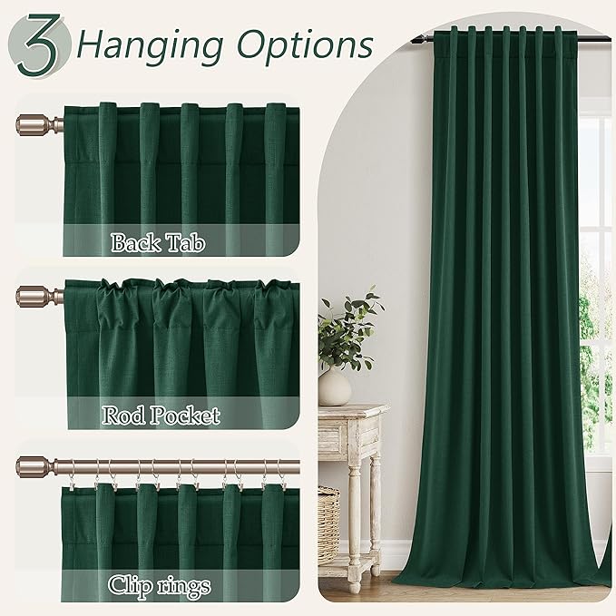 Guken Blackout Curtains 120 Inch Length 2 Panels Set for Living Room Bedroom Back Tab Thermal Insulated 100% Black Out Linen Drapes Room Darkening Window Curtains 120 Inches Long,Emerald Green