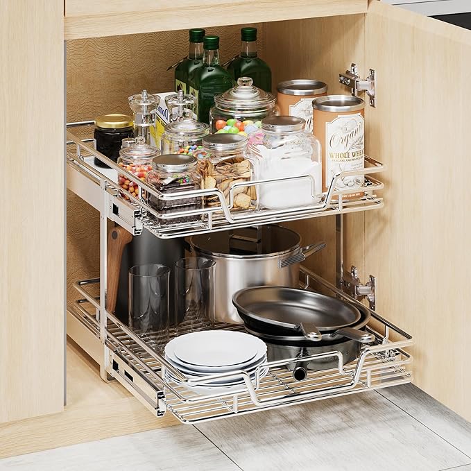 2-Tier Kitchen Cabinet Pull Out Shelf and Drawer Organizer Slide Out Pantry Storaqe Basket in Multiple Sizes (18" W x 21" D)