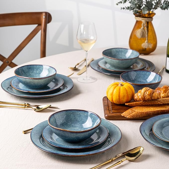 AmorArc Ceramic Dinnerware Sets, Handmade Stoneware Reactive Glaze Plates and Bowls Set, Scratch Resistant | Dishwasher & Microwave Safe Dishes Set, Service for 4 (12pc)