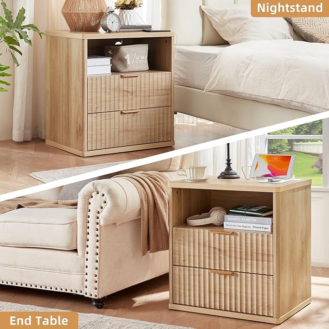 LEYAOYAO Fluted Farmhouse Nightstand Set of 2 with Charging Station, 23" Wide 2 & 3 Drawers Large End Table with Metal Handle, Natural Night Stand Bedside Table, Wood Dresser for Bedroom,Closet