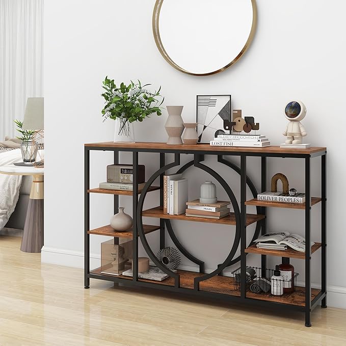GiftGo 47" Industrial Console Tables for Entryway Rustic Sofa Table Behind Couch 4 Tier Wooden Shelves Entry Table with Storage for Foyer, Hallway, Front Door,Living Room (Rustic Brown, 47")