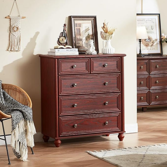 Farmhouse 5 Drawer Dresser for Bedroom, 35.5" Tall Small Dressers & Chest of Drawers, Rustic Wood Dresser with Roman Column, Storage Organizer for Living Room, Hallway, Closet (Red Oak)