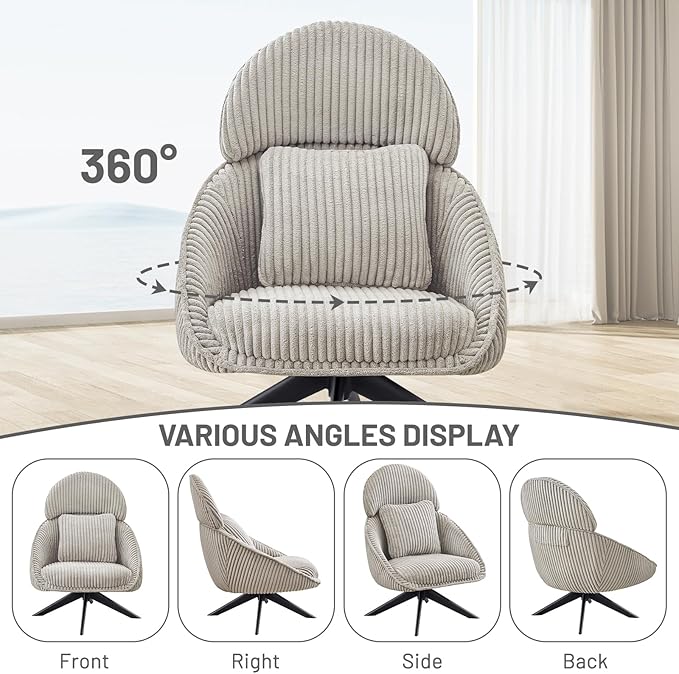 Furniliving Modern Living Room Chair, Swivel Accent Chair for Living Room Desk Chair with Arms Bedroom Chair with Headrest Sofa Chair Side Chair with Pillow Armchair,Corduroy, Grey