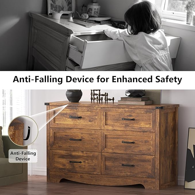 6-Drawer Dresser for Bedroom – 47" Wide Modern Wooden Chest with Natural Wood Texture, TV Stand & Storage, Metal Corner Brackets, Wood Drawer Organizer for Living Room, Hallway