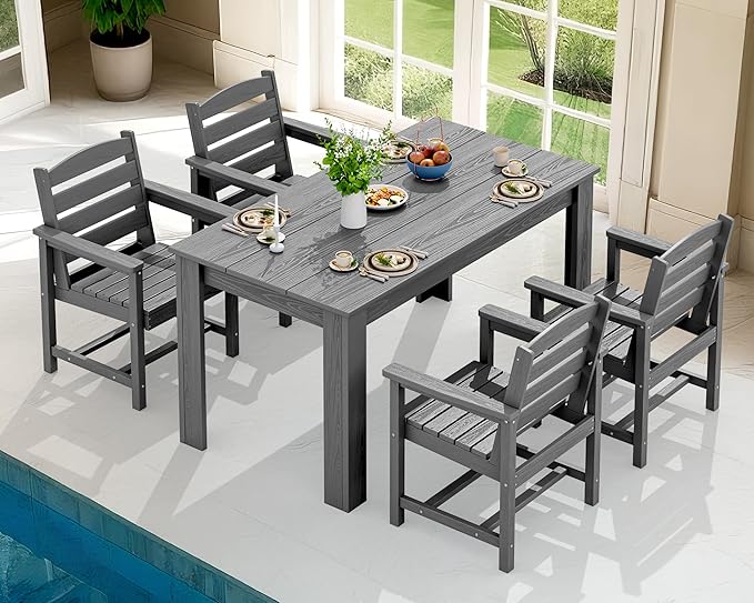 SERWALL Patio Dining Set for 4, Outdoor Dining Sets for 4 Person with 1 Umbrella Hole Cut-Out Rectangular Table and 6 Chairs, HDPE Dining Sets for Garden, Backyard, Poolside, Gray