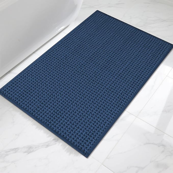 Bathroom Rugs Non Slip Washable, Super Absorbent Thin Bath Mat for Small Quick Dry Low Pile Bathroom Rug, (Navy Blue, 32″x20″)