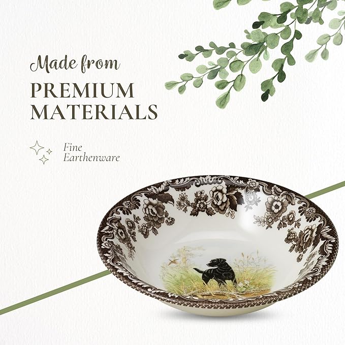Spode Woodland Hunting Dogs, Black Labrador 8" Cereal Bowl - Fine Earthenware Tableware, Dishwasher & Microwave Safe, Warm Oven Ready Dish, Made in England - Holiday Dining & Gift