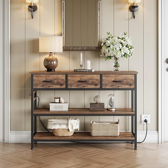 Lulive Entryway Table with Power Outlets, Console Table with 3 Fabric Drawers, Sofa Table for Living Room, Hallway, Couch, Foyer, Height Adjustable (Rustic Brown, 43")