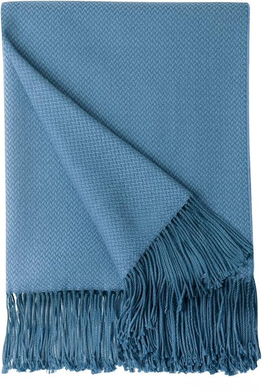 BOURINA Herringbone Two Tone Throw Blanket Faux Cashmere Fringe Soft Lightweight Cozy for Bed Couch Decorative Throws Blanket, Spa Blue, 50" x 60"