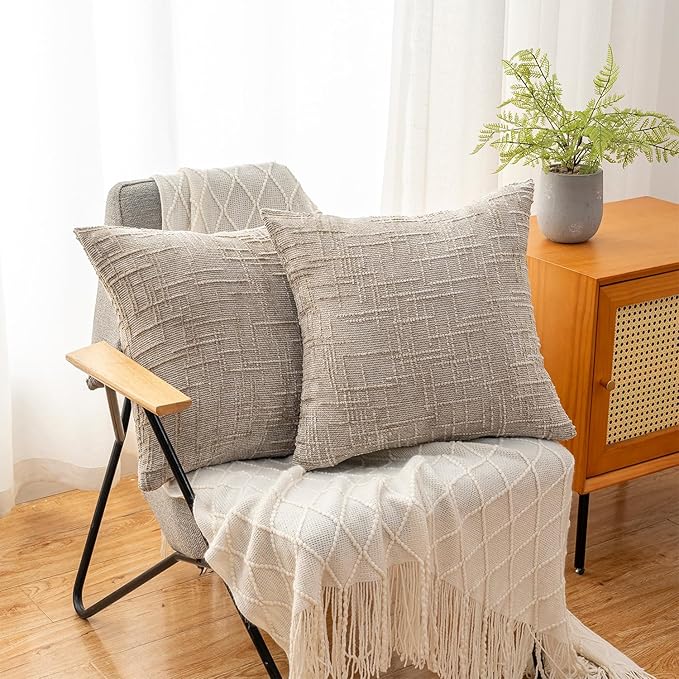Decorative Throw Pillow Covers 22x22 Inch Set of 2, Soft Solid Farmhouse Chenille Couch Pillows, Spring Pillow Covers for Couch Sofa Bed Living Room Home Decor Pillowcase, Light Khaki
