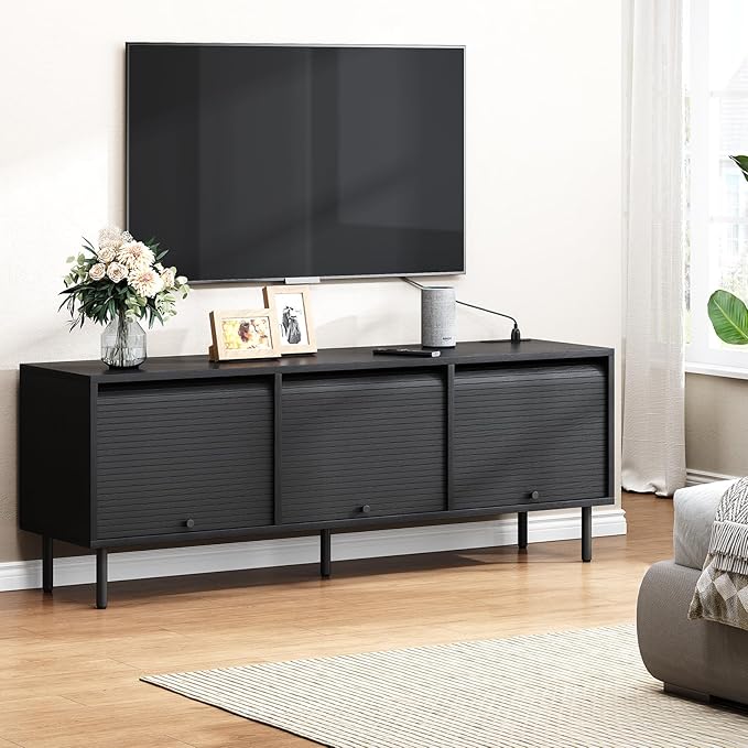 59 Inch TV Stand for TVs up to 65 Inch, Entertainment Center with Power Outlet, Mid-Century Modern TV Console with Storage, Adjustable Shelf & Sliding Doors, TV Stand for Living Room, Black