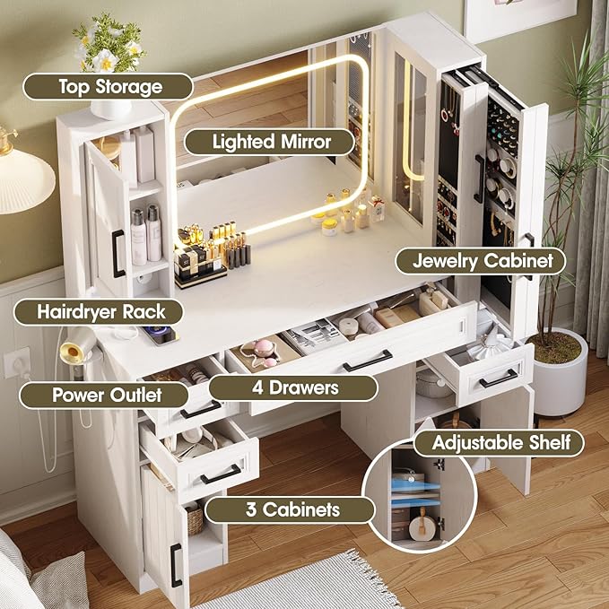 Maupvit Makeup Vanity with Lighted Mirror & Power Strip, Large Vanity Desk with Sliding Jewelry Storage Shelves, 4 Drawers, 3 Cabinets & Hairdryer Rack, 3 Lighting Modes, Bedroom Dressing Table,White