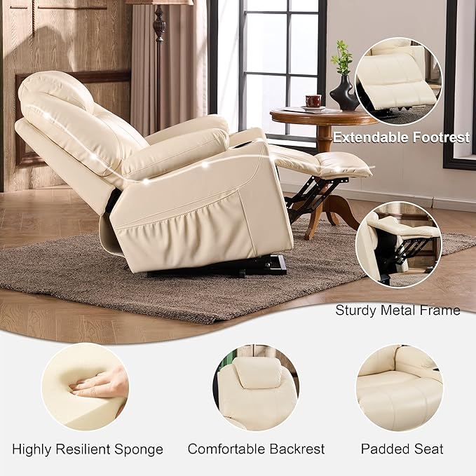 SALOHZA Power Lift Recliner Chair for Elderly with Massage and Heat for Living Room, Electric Recliner Chair for Adults with USB/Type C Port/Cup Holders, PU Faux Leather, Cream White