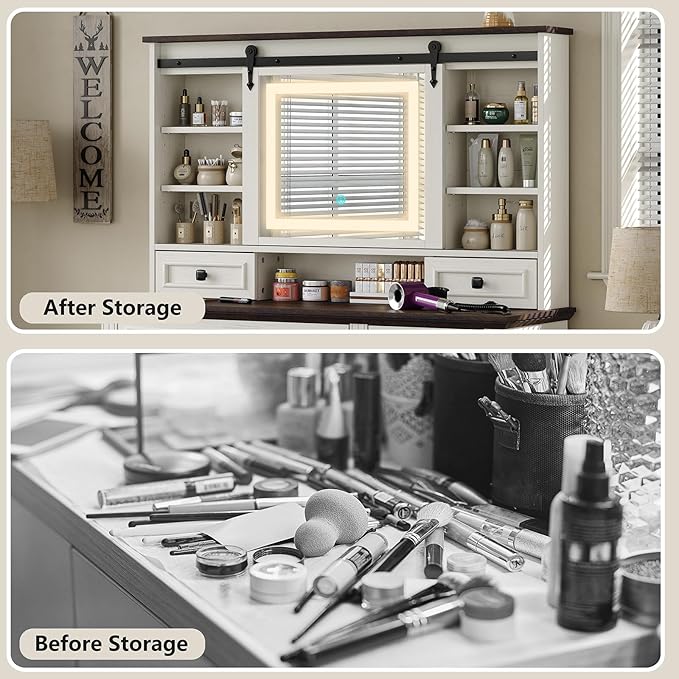Farmhouse Makeup Vanity Desk with Sliding Mirror, Large Vanity Set with 3 Brightness Lights, Ample Storage, Antique White