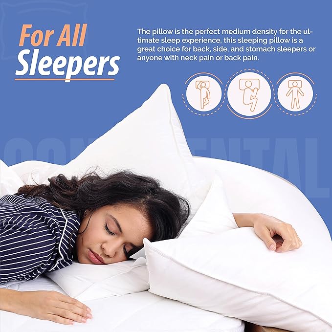 Continental Bedding Affinity Down Alternative Bed Pillow - Queen Size - 100% Soft Cotton Pillow - Pack of 1 - Polyester Pillow for Sleeping