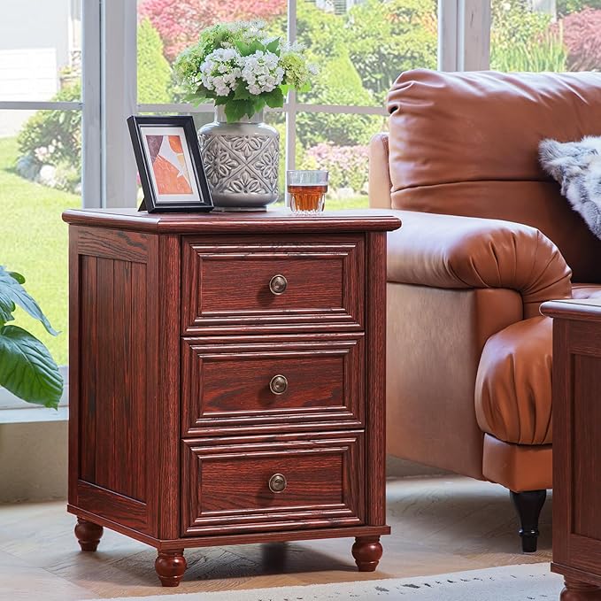 18" Farmhouse Night Stand Set of 2, Red Oak Wood Nightstand with 3 Drawers, Bedside End Table with Storage and Roman Column, Bed Side Tables Cabinet for Bedroom, Living Room, and Closet