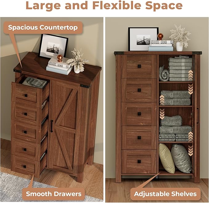 Farmhouse 48 Inch Tall Dresser Chest of Drawer for Bedroom, 5 Drawer Storage Cabinet with Barn Door, Adjustable Shelves, Rustic, for Living Room, Entryway, Hallway, Cherry Wood