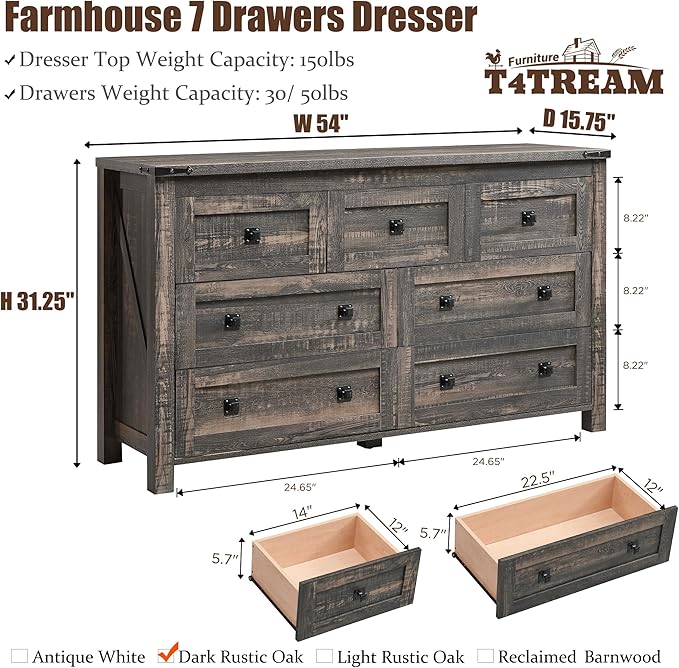 T4TREAM Farmhouse 7 Drawers Dresser for Bedroom, Wood Rustic Dresser Tv Stand, Storage Dressers Organizer for Bedroom, Living Room,Hallway, Dark Rustic Oak