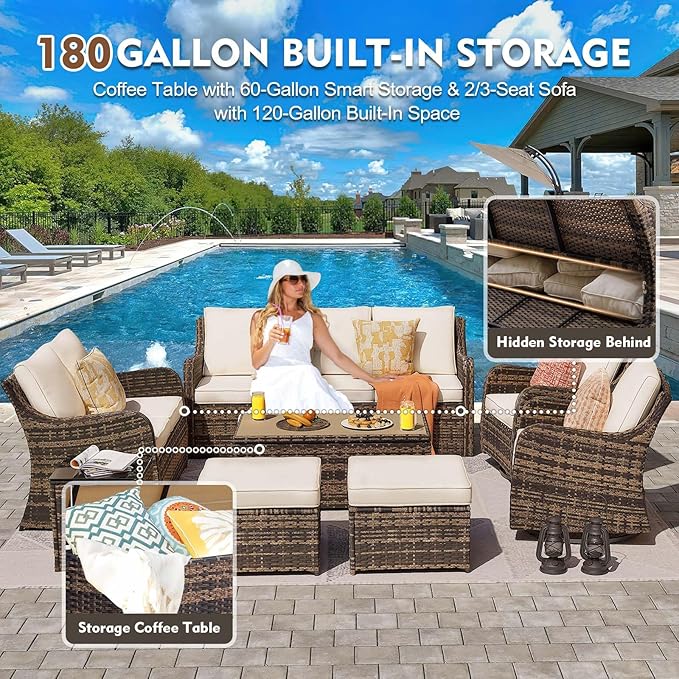 Patio Furniture Set with Swivel Rocking Chairs, 8 Pieces Patio Conversation Set, Outdoor Wicker Sofa Couch with Waterproof Cushions for Lawn Backyard Porch (Brown)