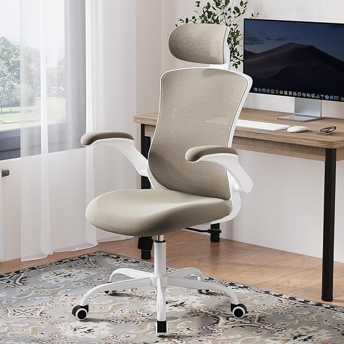 Ergonomic Office Chair with Adjustable Lumbar Support & Headrest, High Back Mesh Desk Chair with Flip-Up Armrests, Breathable & Comfortable Computer Chair for Home, Office & Study –Khaki