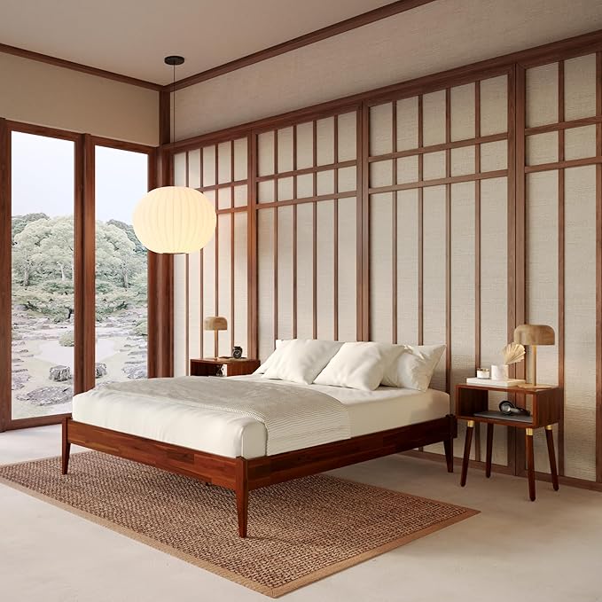 Bme Dinkee 15-Inch Solid Wood Queen Platform Bed Frame - Japanese Joinery, Minimalist Style - Wood Slats, Easy Assembly, No Box Spring Needed - Chocolate