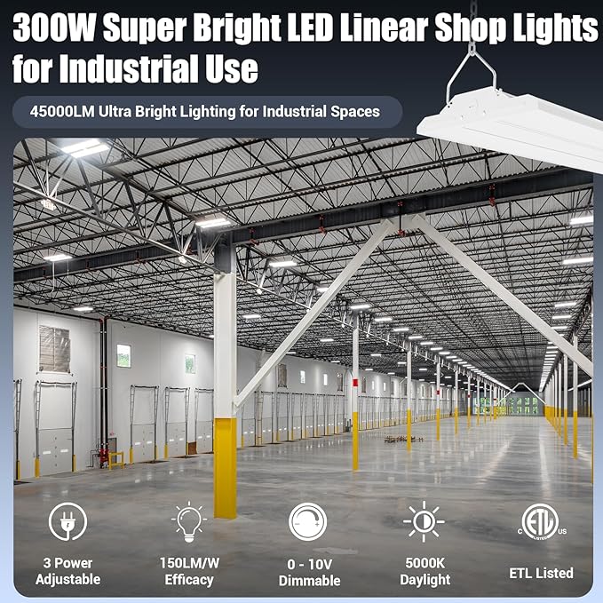 LED Linear Shop Lights 300W, 45000LM Led High Bay Lights 5000K Daylight 120-277V,Led Garage Light for Shop Workshop Store Commercial Supermarket Warehouse Basement Exhibition Room ETL-1Pack