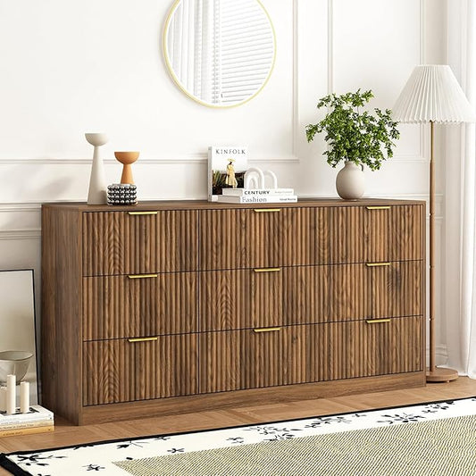 9 Drawer Dresser for Bedroom with Deep Drawers, 63" Wide Wood Dresser, Large Floor Chest of Drawers, Modern Long TV Stand, Mid Century Storage Cabinet Side Table, Natural