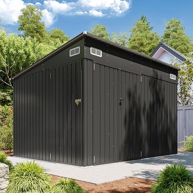 8'x10' Shed Galvanized Steel Storage Sheds with Triple Doors Utility Sheds for Vertical Storage, Dual Lock Lean to Shed with Sloped Roof for Mower, Bike, Garden Tools (Black)