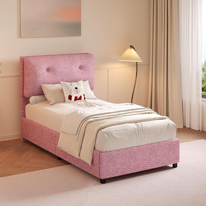 Twin Bed Frames,Breathable Boucle Fabric Upholstered Bed Frame Twin with Headboard,Removable and Washable,Wood Slat Support,No Box Spring Needed,Easy Assembly,Cama Individual,Pink