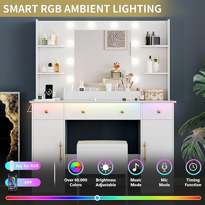 Vanity Desk with Mirror and Lights, Makeup Dressing Table Set with Storage Drawers & Stool, Power Outlet, 3 Lighting Modes Adjustable Brightness & RGB Ambient Light for Women Girls Bedroom, White
