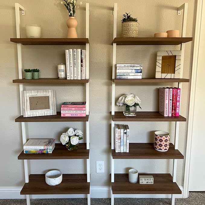Nathan James Theo 5-Shelf Wood Modern Bookcase, Open Wall Mount Ladder Bookshelf with Industrial Metal Frame, Natural Light Brown/White, Set of 4
